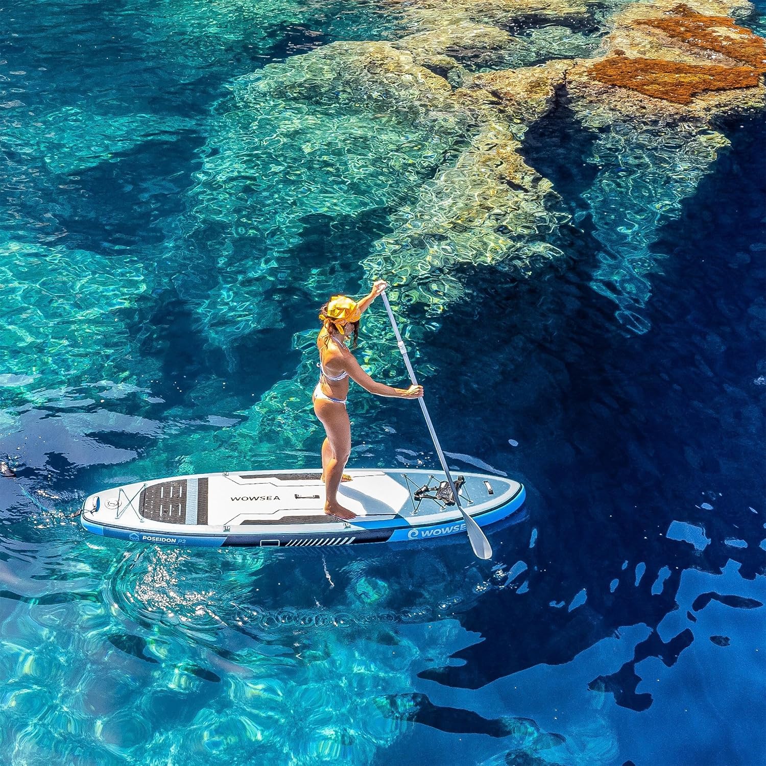 WOWSEA Tavola da paddle gonfiabile, durevole e stabile, per viaggi e tempo libero, con pompa doppia o tripla azione, pagaia in fibra di vetro, corda alla caviglia e accessori multiuso