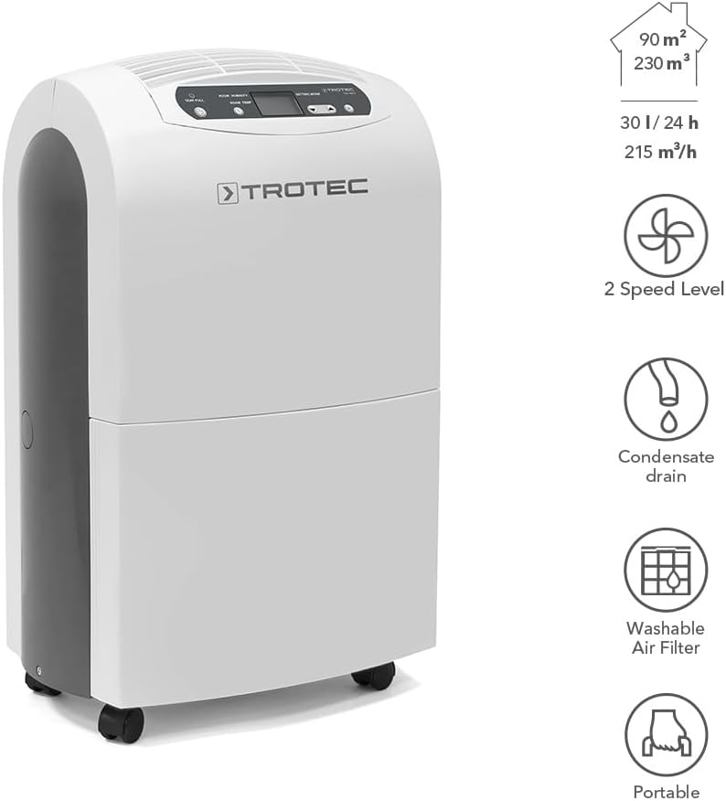 TROTEC Deumidificatore elettrico TTK 100 E – Capacità 30 l/24h, per ambienti fino a 90 m² / 230 m³ – Assorbitore di umidità con funzione di sbrinamento – Modalità continua o serbatoio da 4,3 l