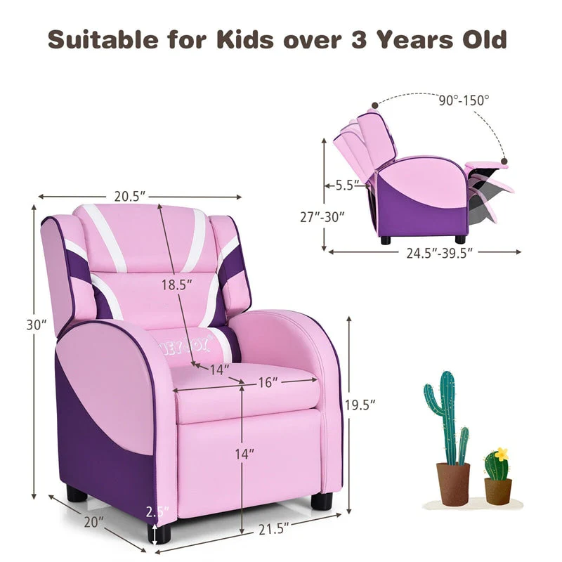 Kids Recliner Chair, Adjustable PU Leather Gaming Sofa with Footrest, Lumbar Support & Side Pockets, Ergonomic Children Lounge Armchair