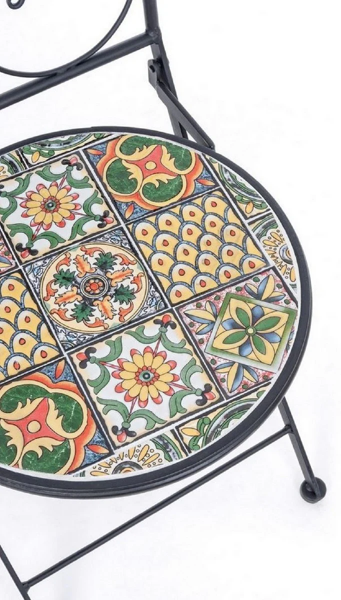 Art Nouveau garden chair set of 6 black / multicolored 39 x 47 x H. 92 cm - folding chairs with ceramic plates - nostalgic garden & catering furniture