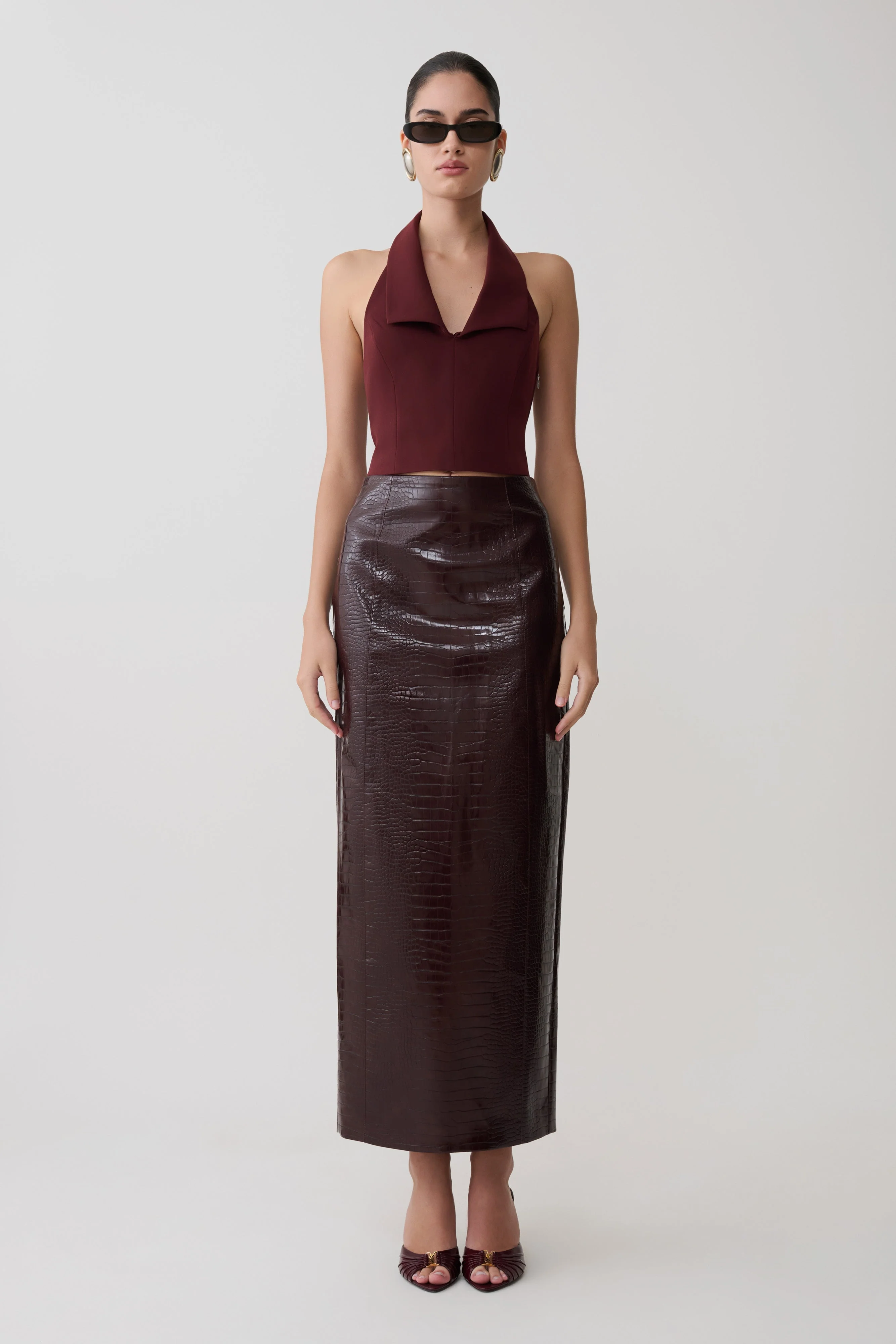 Thalia Croc Faux Leather Midi Skirt - Merlot