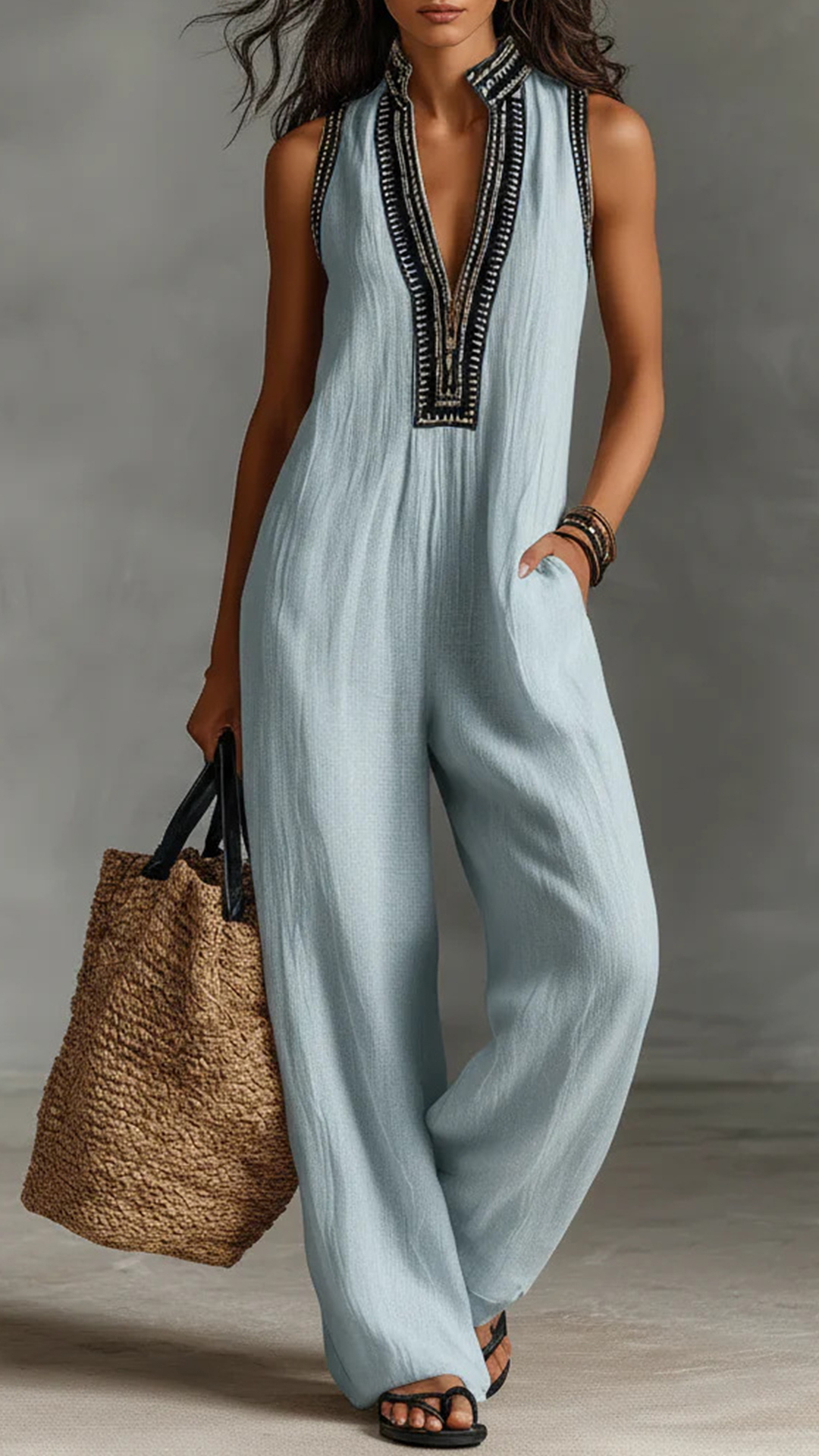 Embroidered Stand Collar Sleeveless Cotton Linen Wide-Leg Jumpsuit - Nordfashionstorm - Women's Clothing, Fashion for You - Nordfashionstorm.com