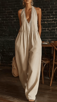 Women's Linen-Cotton Lace Halter Wide-Leg Jumpsuit - Nordfashionstorm - Women's Clothing, Fashion for You - Nordfashionstorm.com