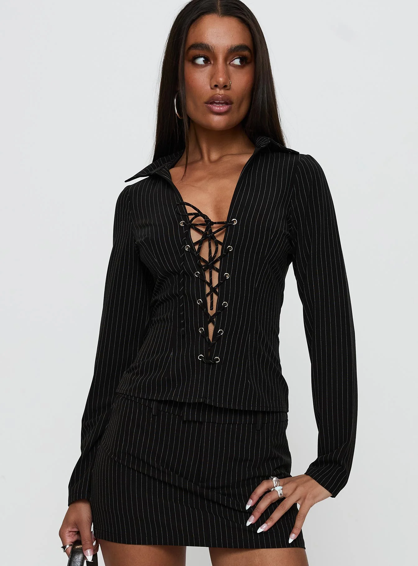 Feminique Tie Up Long Sleeve Top Black Stripe