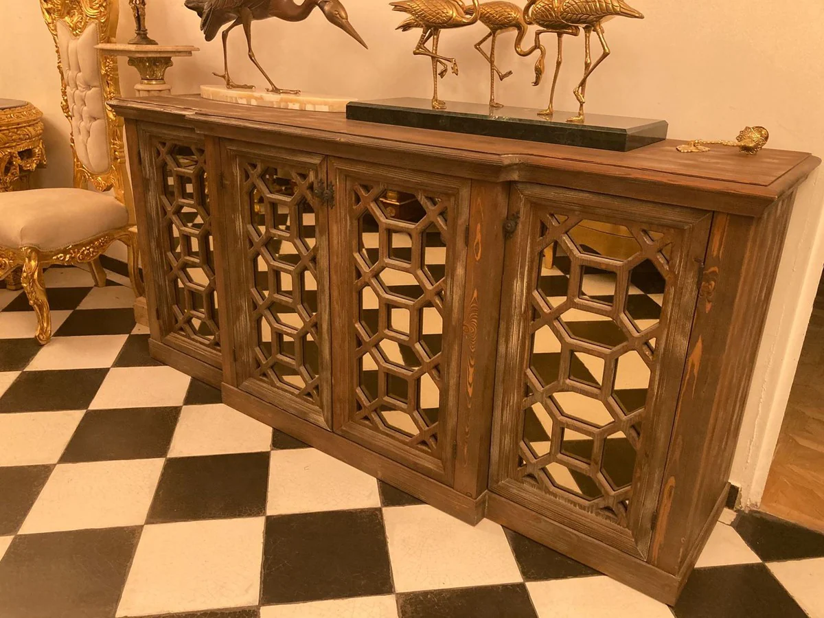 Country house style sideboard antique brown 210 x 50 x H. 100 cm - solid wood cabinet with 4 mirrored doors - country house style furniture