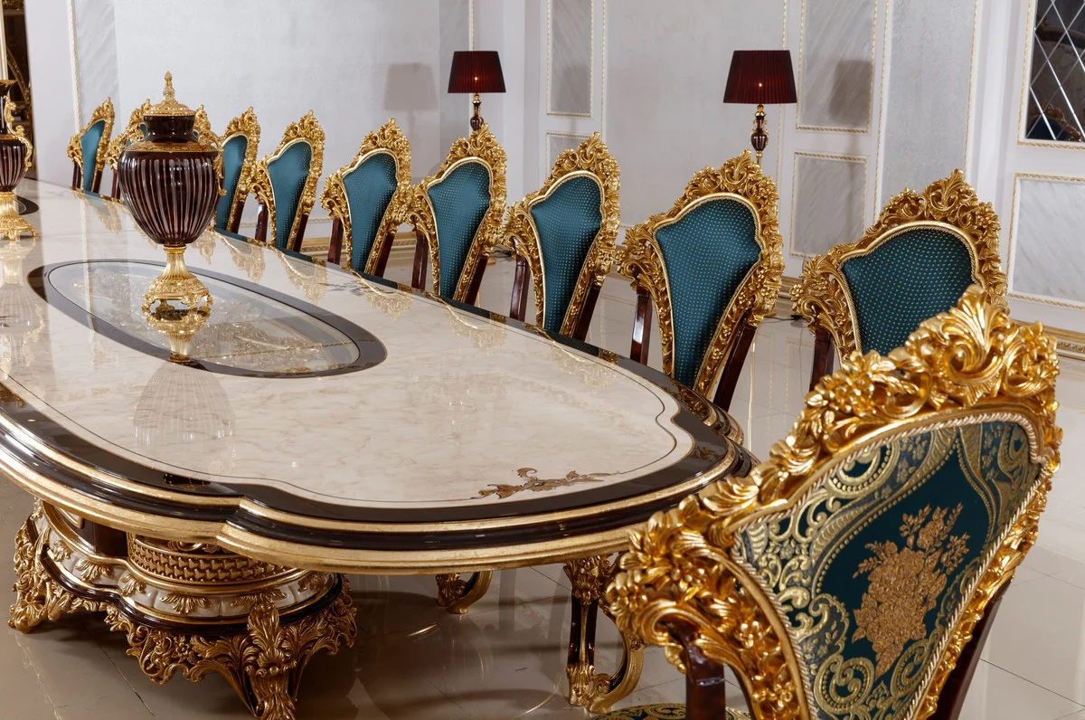 Luxury Baroque Dining Room Set White / Brown / Blue / Gold - 1 Baroque Dining Table & 22 Baroque Dining Chairs - Hotel Furniture - Castle Furniture - Palace Furniture - Luxury Furniture in Baroque Style