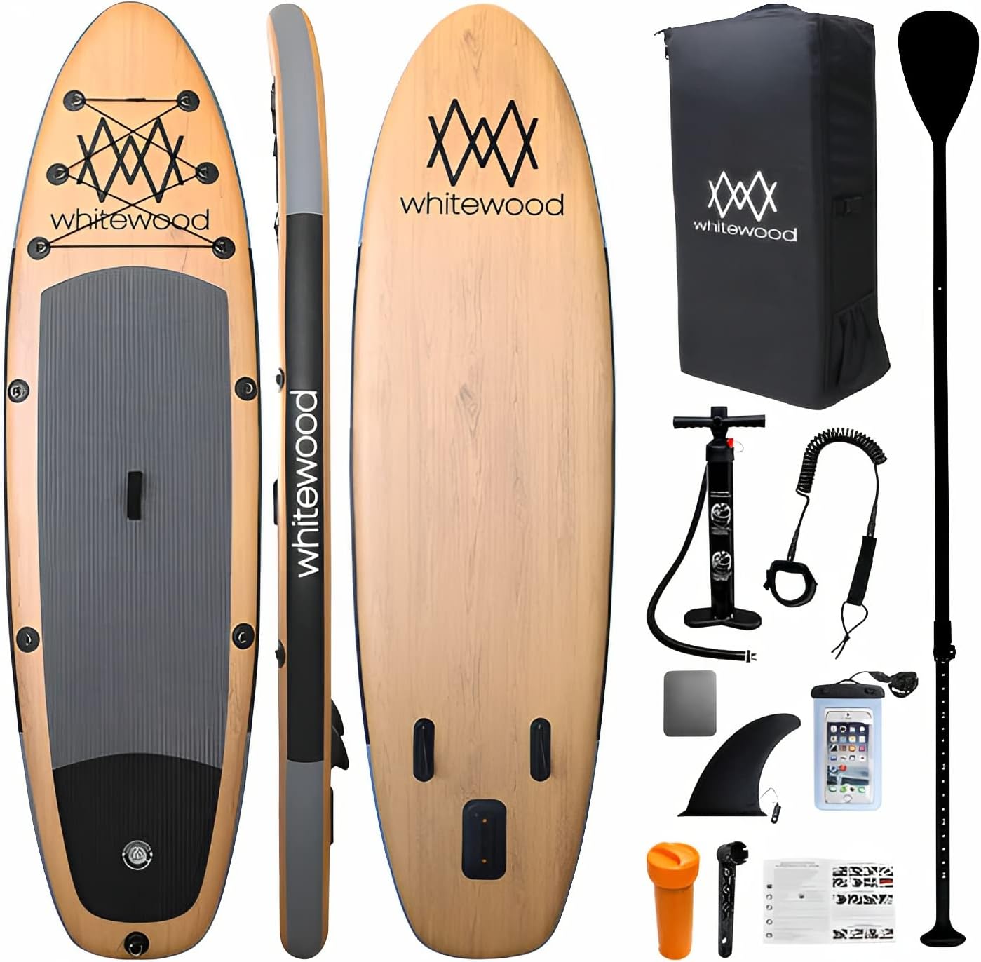 Whitewood SUP Tavola da Stand Up Paddle Surf Gonfiabile 10-11' / 305-335 cm Premium Disegno Legno con Accessori - Pagaia, Pompa, Zaino da Viaggio iSUP, Borsa impermeabile – 200 kg, 2 o 3 Persone