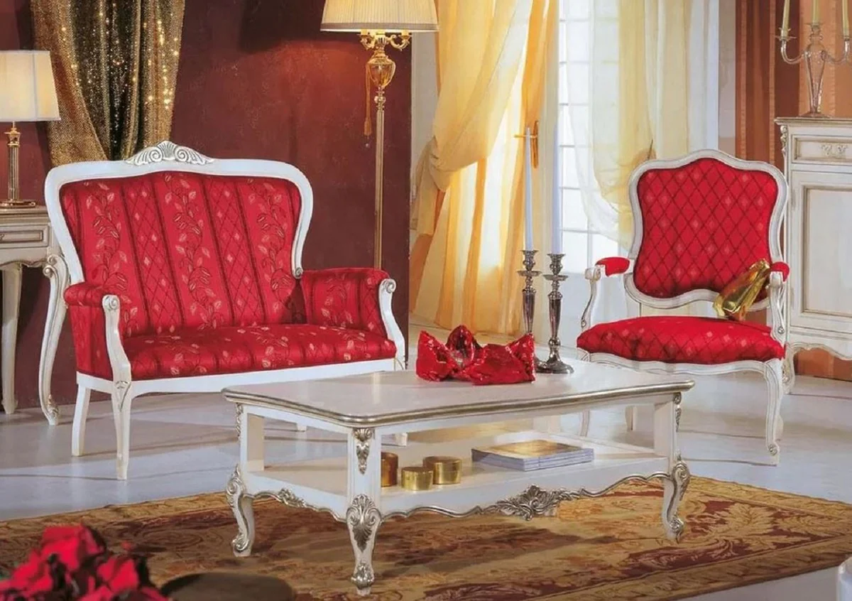 Luxury Baroque Living Room Set Red / White / Silver - 2 Baroque Sofas & 2 Baroque Armchairs & 1 Baroque Coffee Table - Baroque Living Room & Hotel Furniture - Luxury Quality - Made in Italy