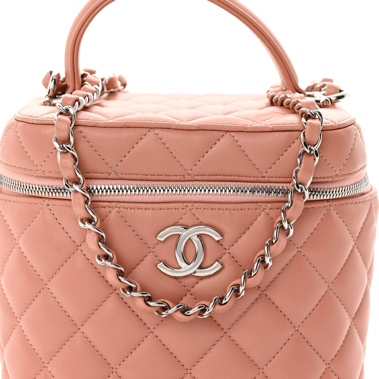 Lambskin Quilted Top Handle Vanity Case With Chain Light Pink - Top Club