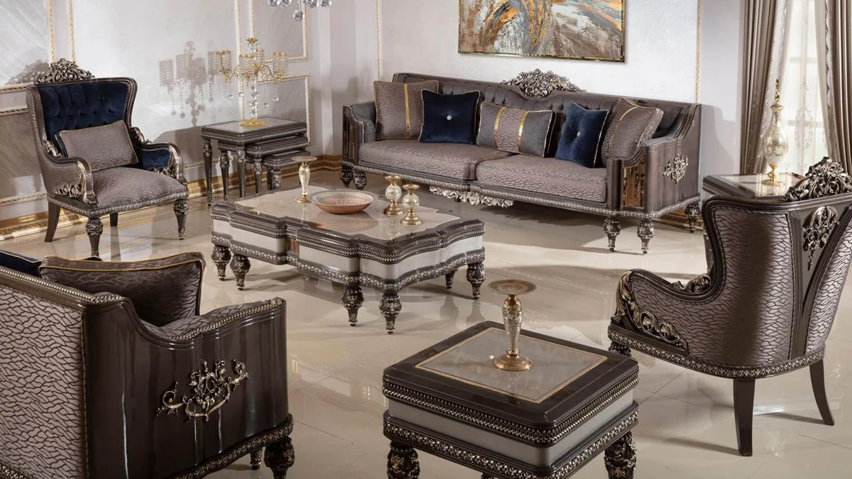 Luxury Baroque Living Room Set Gray / Dark Brown / Gold - 2 Sofas & 2 Armchairs & 1 Coffee Table & 2 Side Tables - Handcrafted Living Room Furniture in Baroque Style - Noble & Magnificent