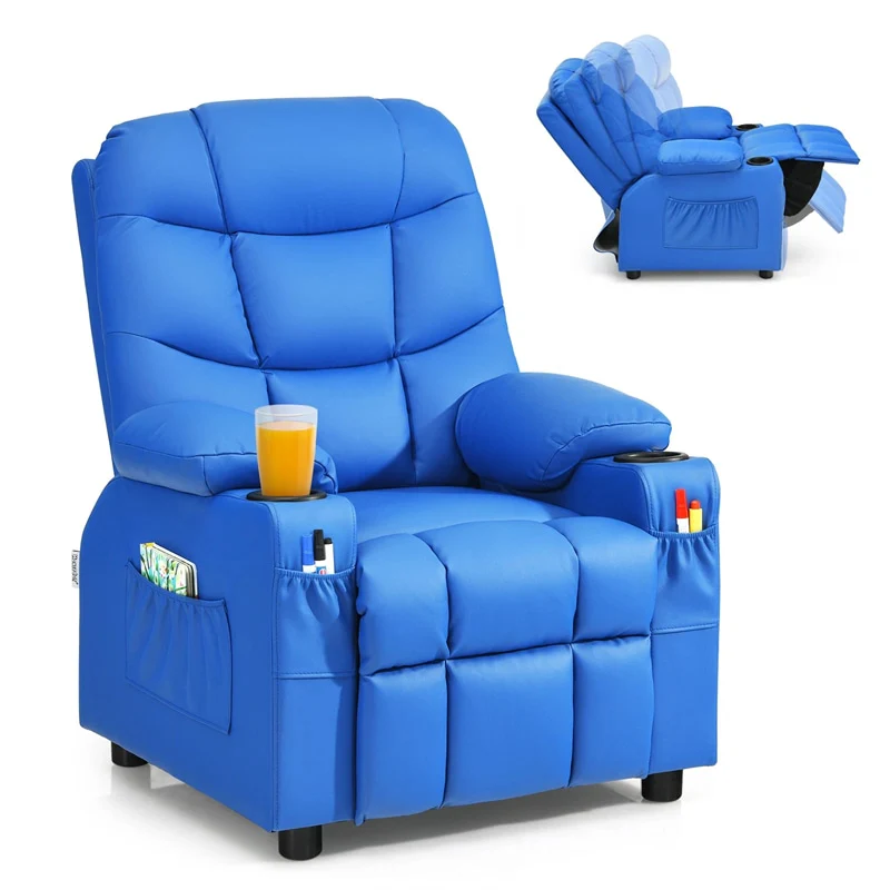 Kids Recliner Chair PU Leather Adjustable Lounge Sofa with Cup Holder, 3 Pockets & Retractable Footrest, Ergonomic Toddler Furniture Sofa