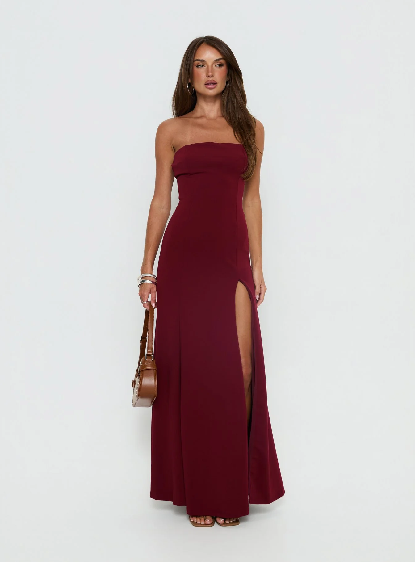 Diamanti Strapless High Slit Maxi Dress Burgundy