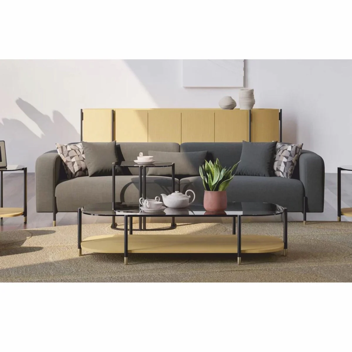 Luxury coffee table natural colors / gray / brass 155 cm - living room & hotel furniture