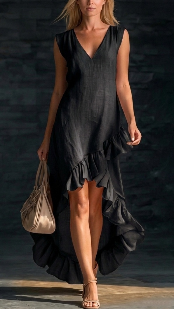 Women's Sleeveless V-Neck Cotton-Linen Maxi Dress with Ruffled Hem - Nordfashionstorm - Women's Clothing, Fashion for You - Nordfashionstorm.com