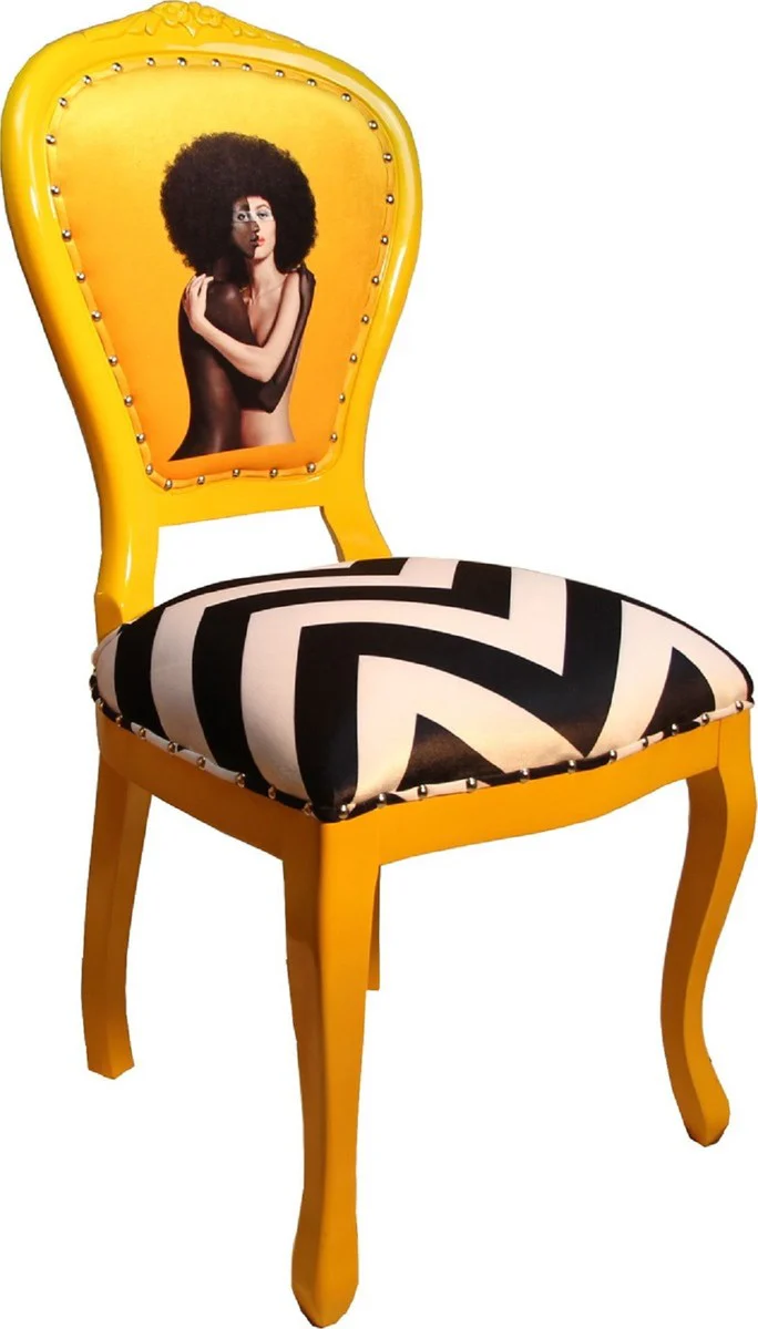 Luxury Baroque dining room set black / white stripes / yellow 55 x 54 x H. 103 cm - 6 handmade designer dining room chairs - Baroque dining room furniture