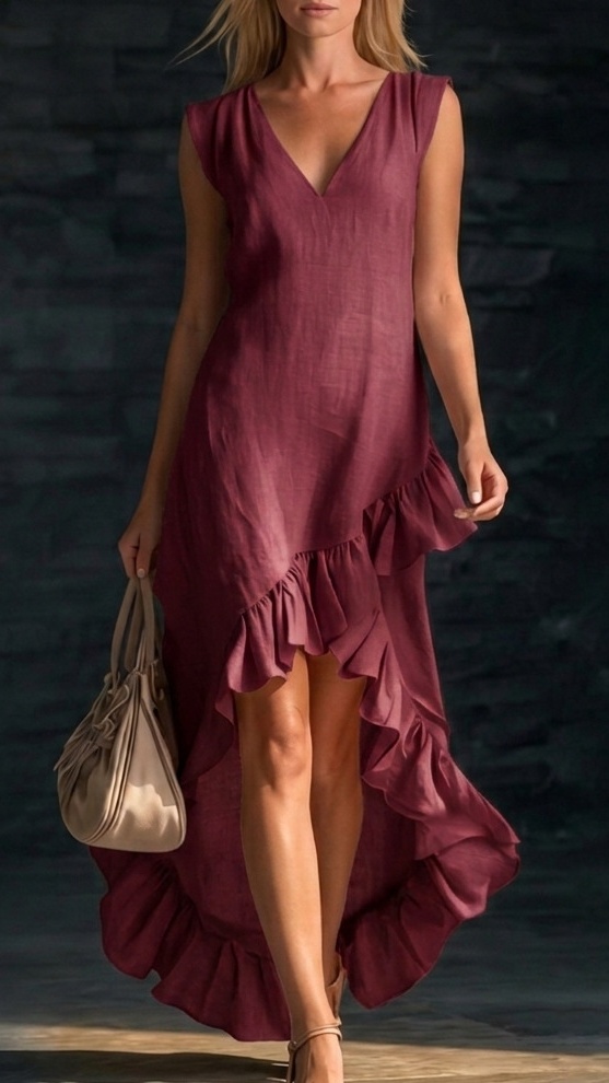 Women's Sleeveless V-Neck Cotton-Linen Maxi Dress with Ruffled Hem - Nordfashionstorm - Women's Clothing, Fashion for You - Nordfashionstorm.com