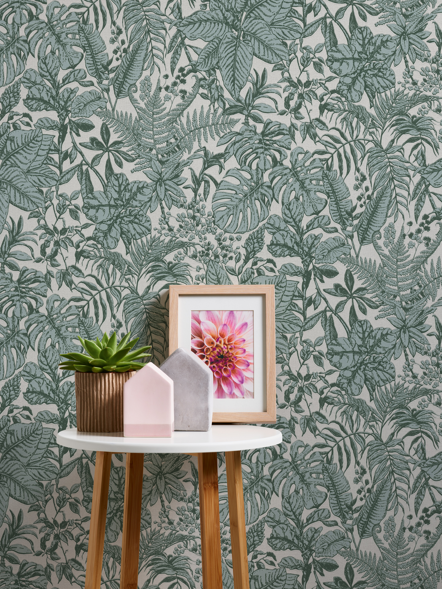 Jungle Bladeren, Monstera & Varens Behang – Groen, Wit, Grijs #1