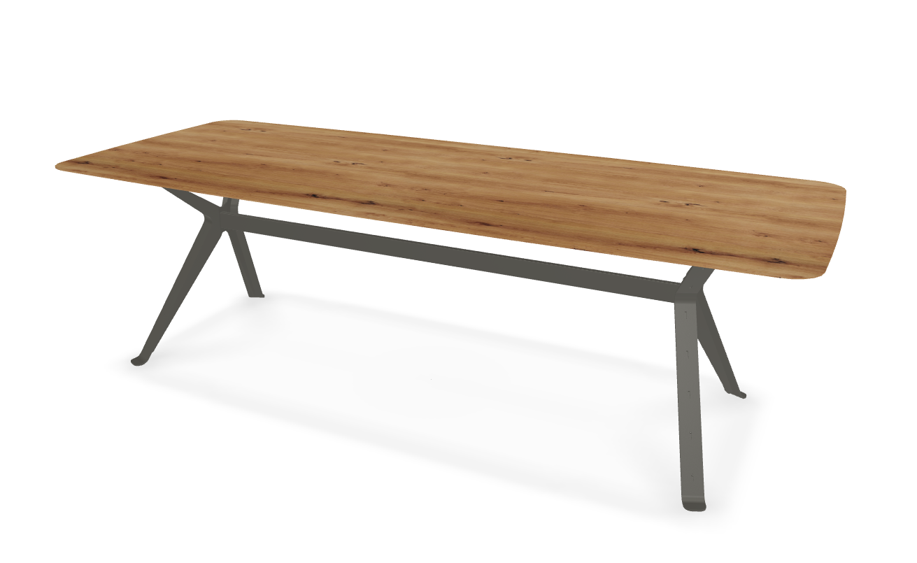 They & Me eettafel Chat – bootsvorm – eiken rustiek lak – RAL7022 ombergrijs 240 x 100 x 75 | Eiken Rustiek lak | Verjongde Rand | Frame RAL7022 ombergrijs