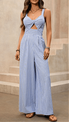 Women's Blue & White Striped Twisted Cutout Cotton-Blend Waisted Wide-Leg Jumpsuit - Nordfashionstorm - Women's Clothing, Fashion for You - Nordfashionstorm.com