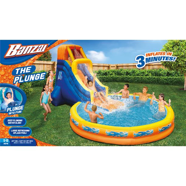 BANZAI The Plunge Inflatable Water Park Play Center - Climbing Wall, Water Slide and Oversized Splash Pool - Summer Outdoor Fun for Kids and Families