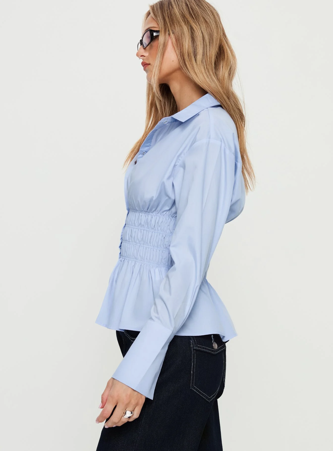 As You Are Shirred Button Up Top Soft Blue