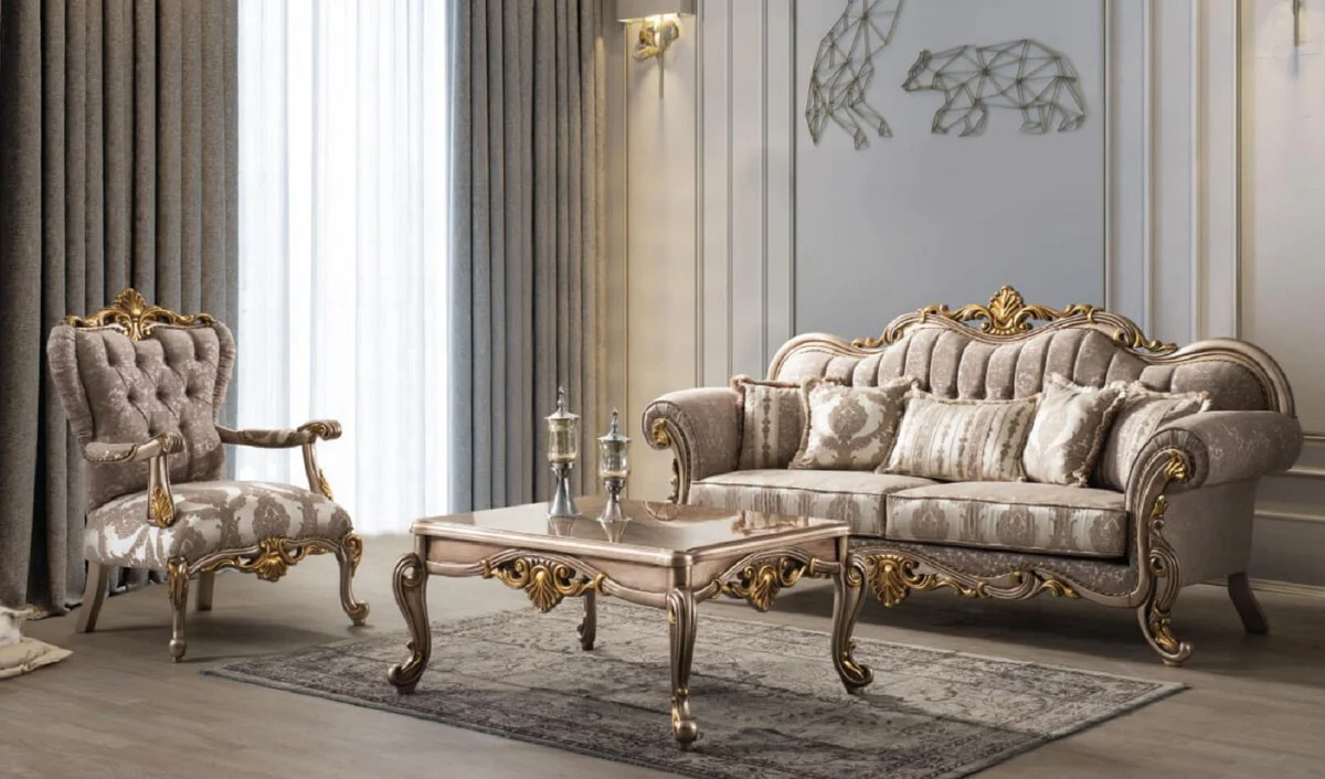 Luxury Baroque Living Room Set Gray / Silver Gray / Gold - 2 Sofas & 2 Armchairs & 1 Coffee Table - Handmade Living Room Furniture in Baroque Style - Noble & Magnificent