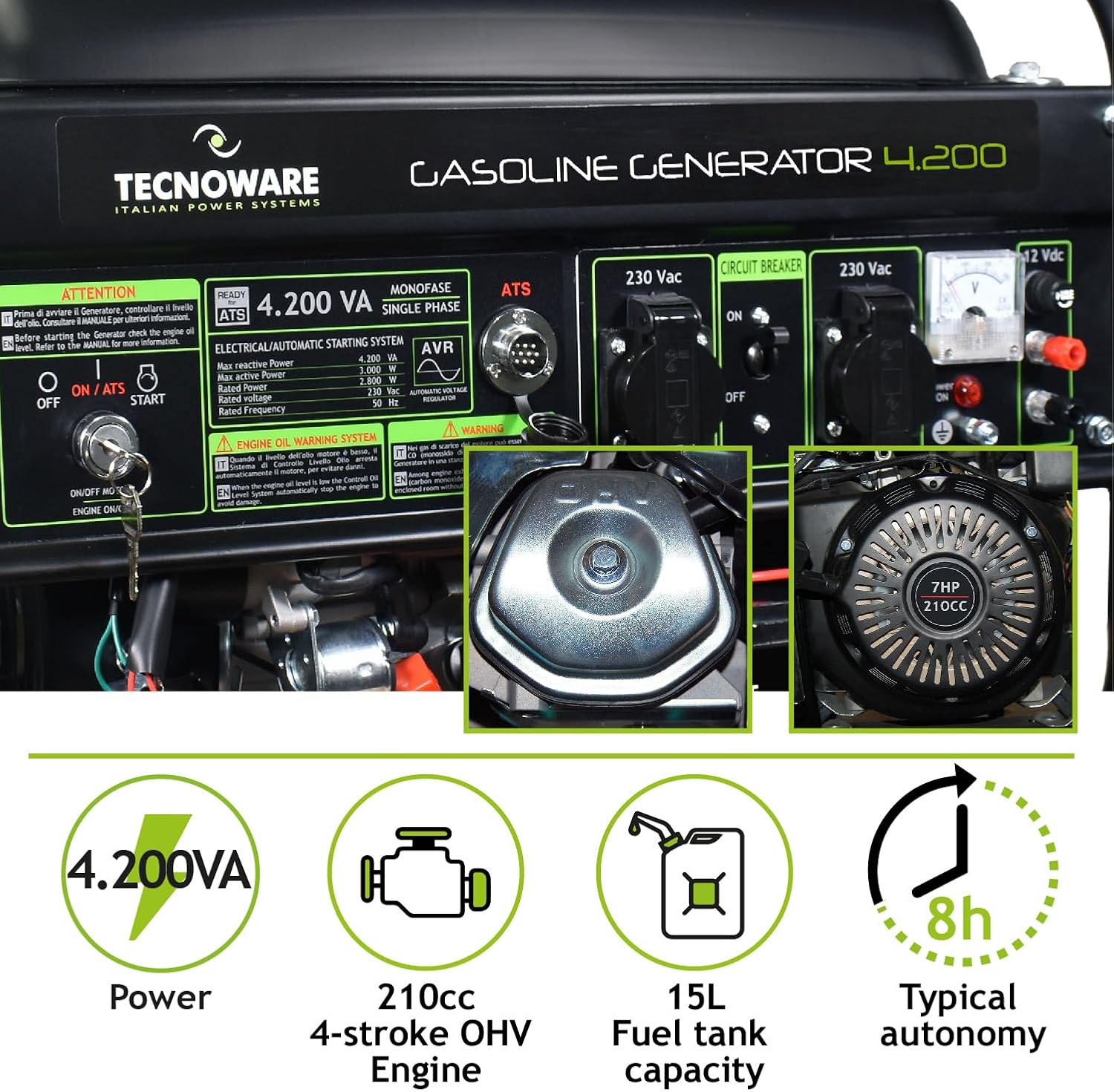 Tecnoware Power Systems - Generatore di Corrente 4200VA | Benzina a 4 Tempi | Avviamento Elettrico e Manuale | Autonomia Lunga con Serbatoio 15L | Ideale per Campeggio e Cantieri, Nero
