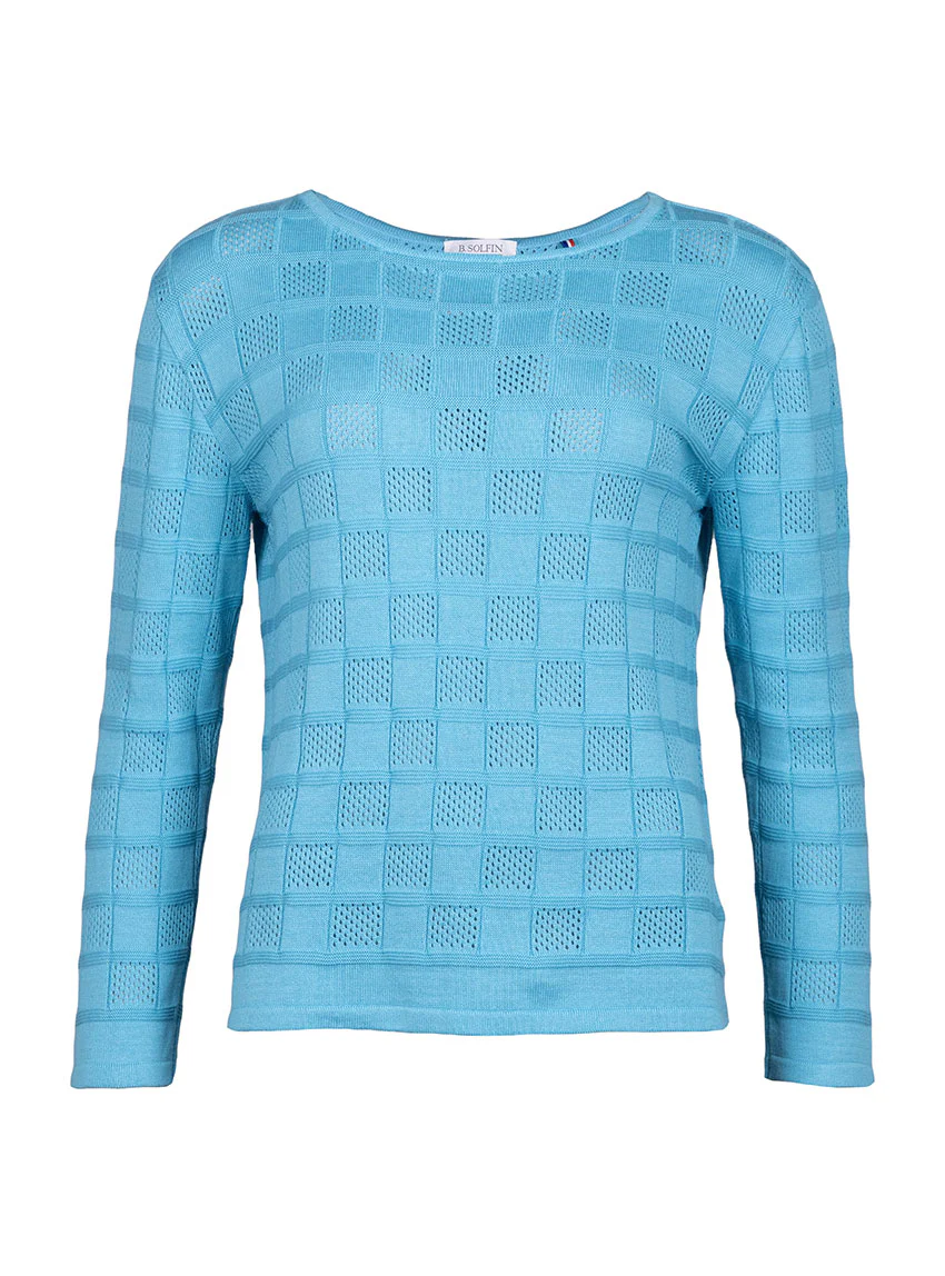 Pull femme ajouré en coton bleu turquoise