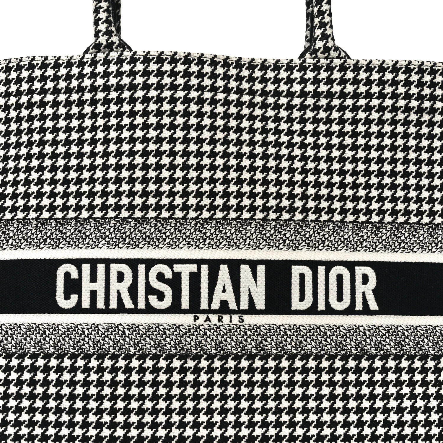 Canvas Houndstooth Embroidered Book Tote Black White - Top Club