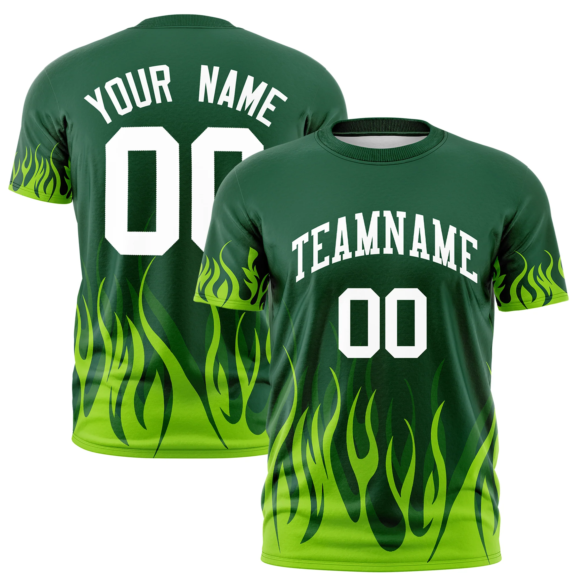 Custom Green Neon Green 3D Pattern Design Flame Performance T-Shirt