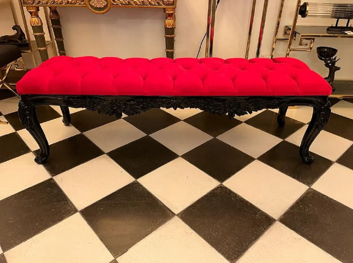 Baroque bench red / black - Padded solid wood bench with elegant velvet fabric and glittering stones - Handcrafted baroque furniture - Noble & magnificent