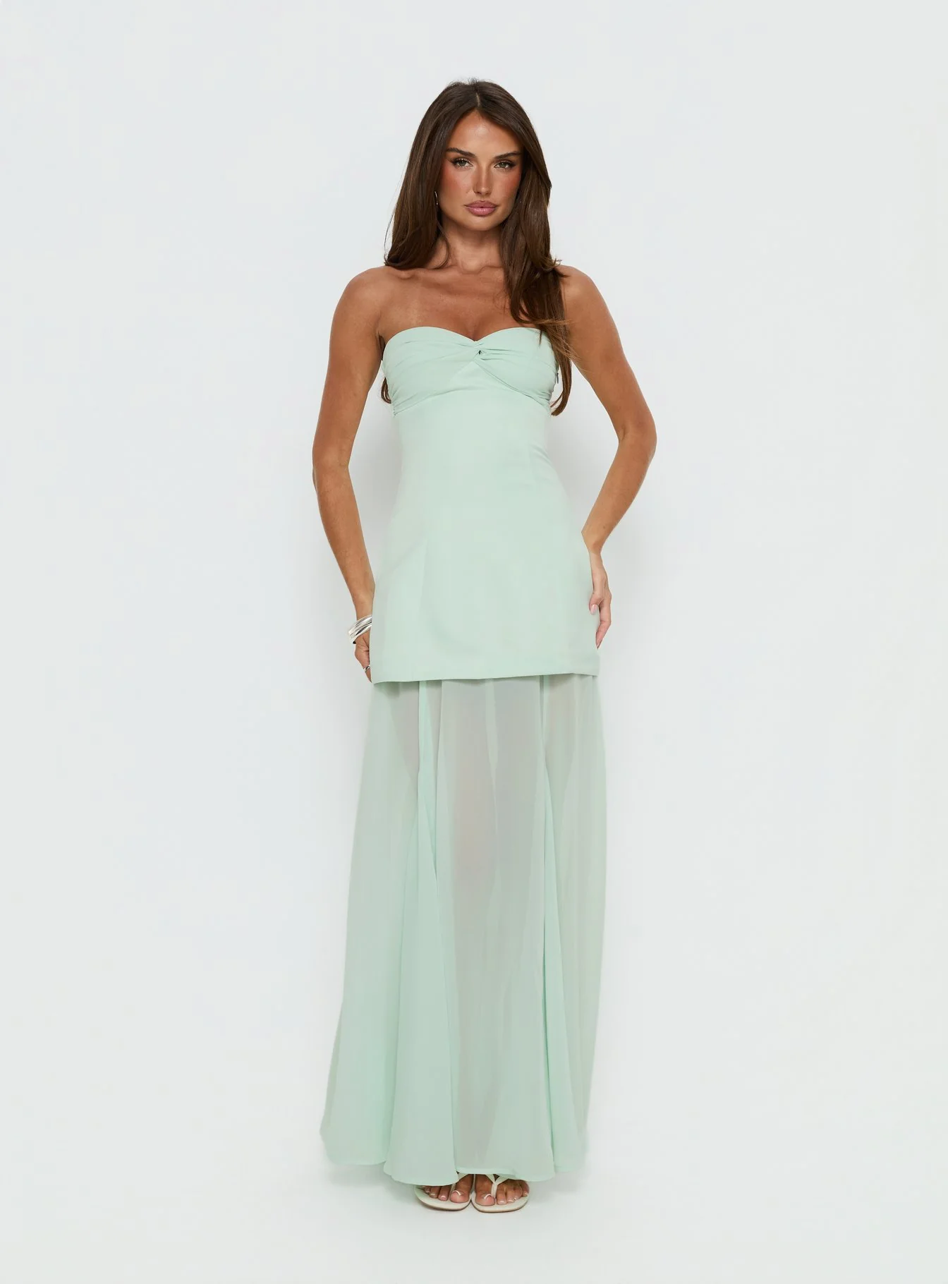 Flashy Sheer Chiffon Strapless Maxi Dress Green