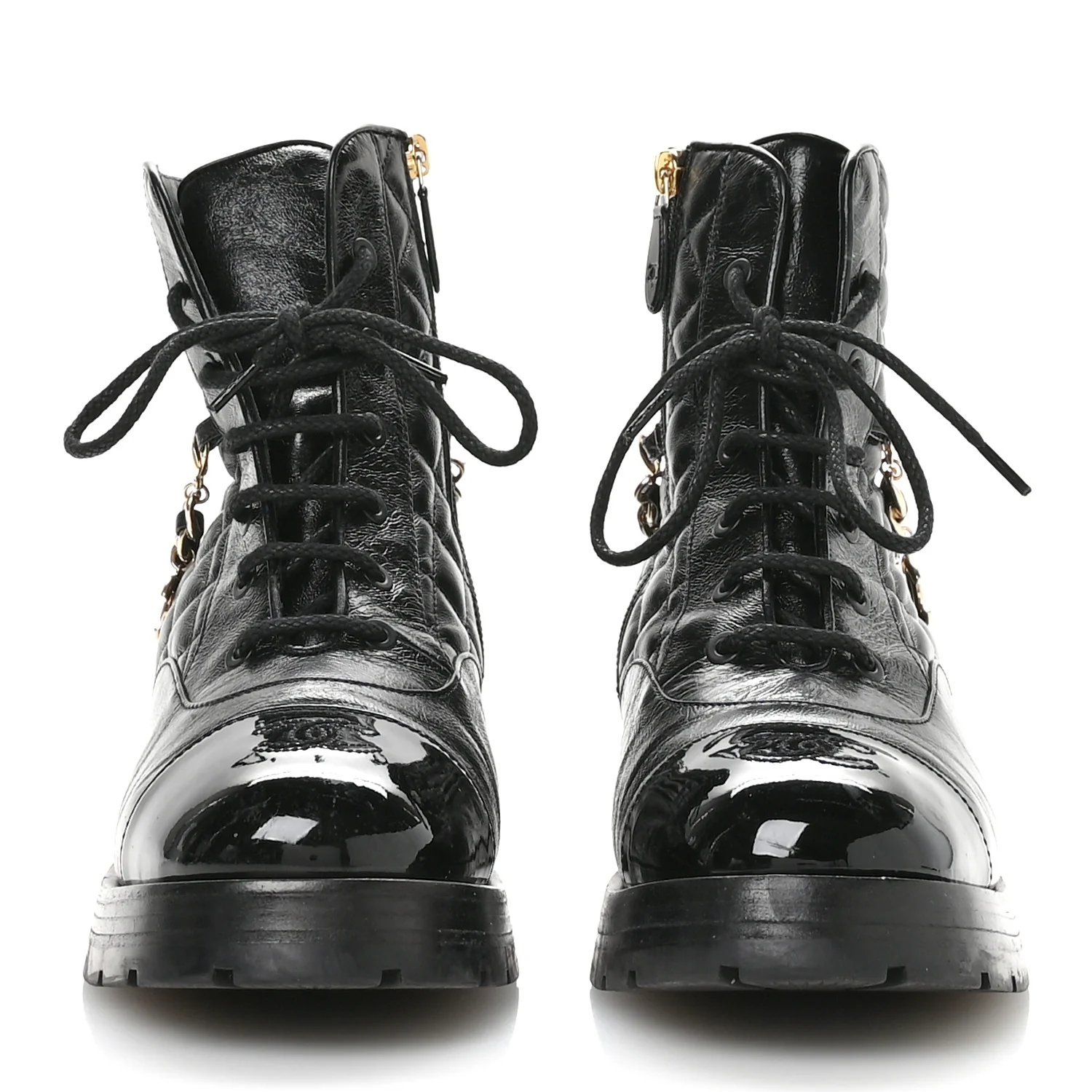 Shiny Calfskin Patent Quilted Chain Lace Up Combat Boots 40 Black - Top Club