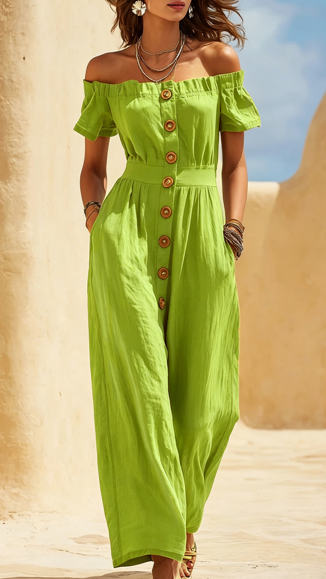 Women's Cotton‑blend Off‑the‑Shoulder Puff Sleeve Waist‑cinched Jumpsuit - Nordfashionstorm - Women's Clothing, Fashion for You - Nordfashionstorm.com