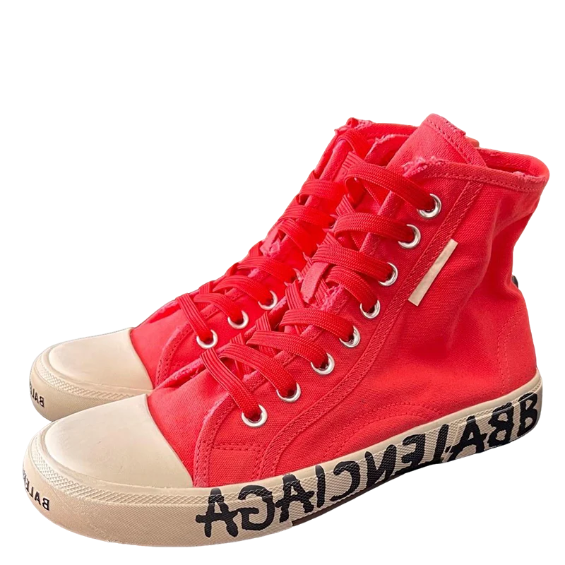 Balenciaga Unisex Red High-Top Canvas Sneakers with Brand Logo Sole for Luxury Street Fashion - Sneaker Replica Workshop