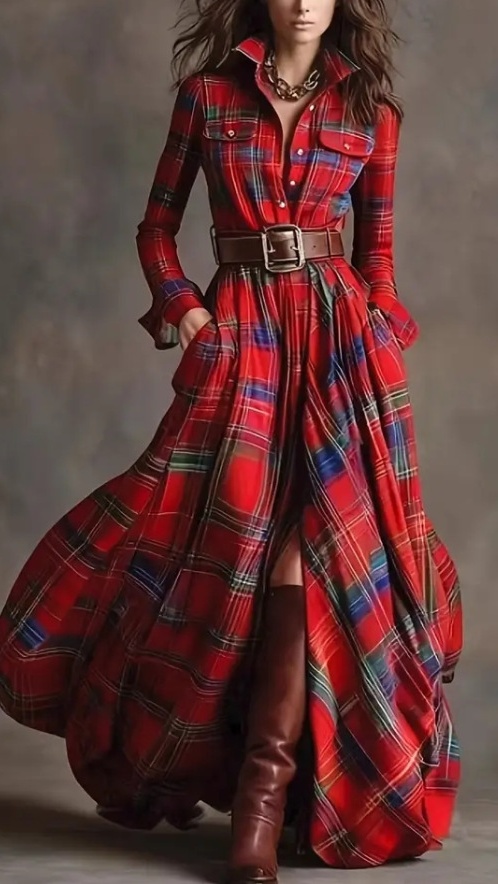 Women's Vintage Plaid Long Dress with Lapel Collar+Belt - Nordfashionstorm - Women's Clothing, Fashion for You - Nordfashionstorm.com