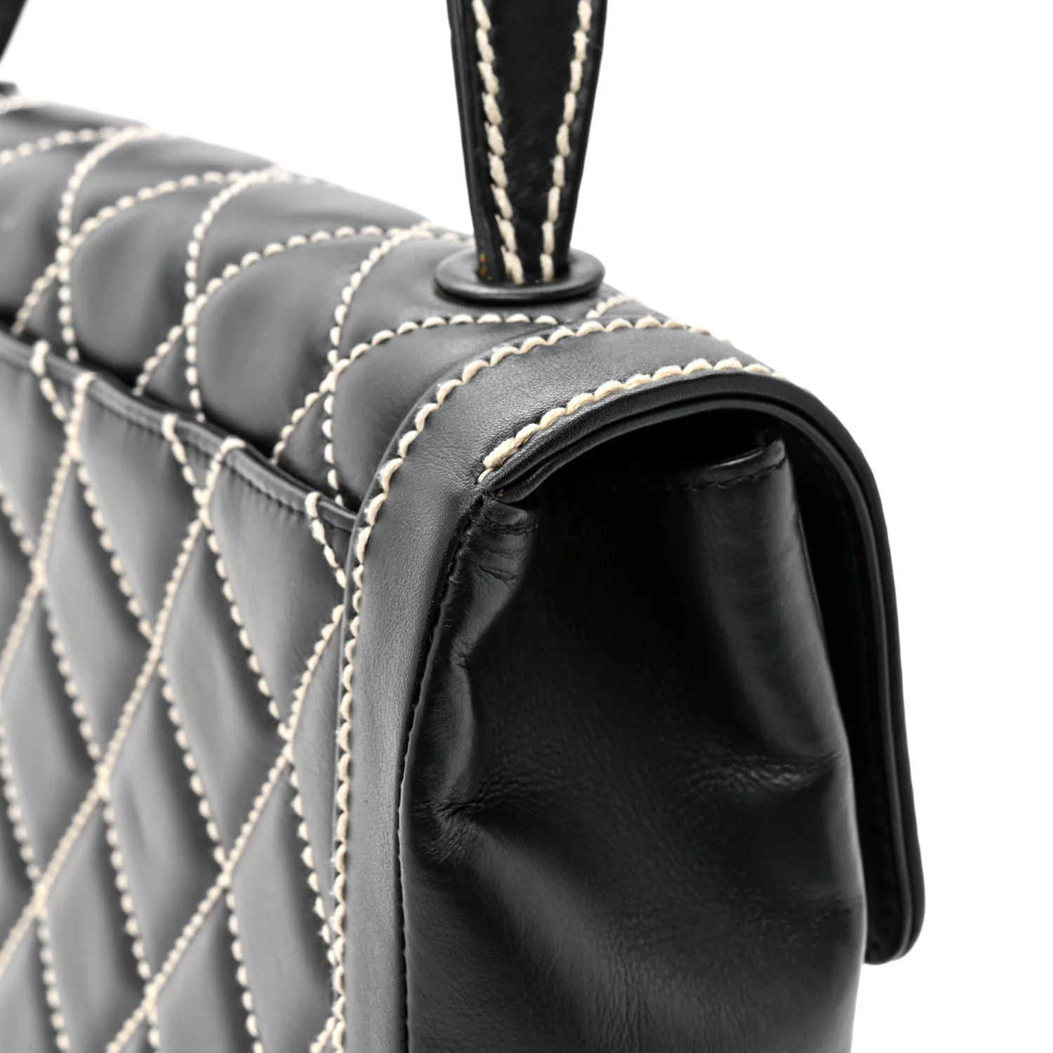 Calfskin Quilted Wild Stitch Large Top Handle Flap Black - Top Club