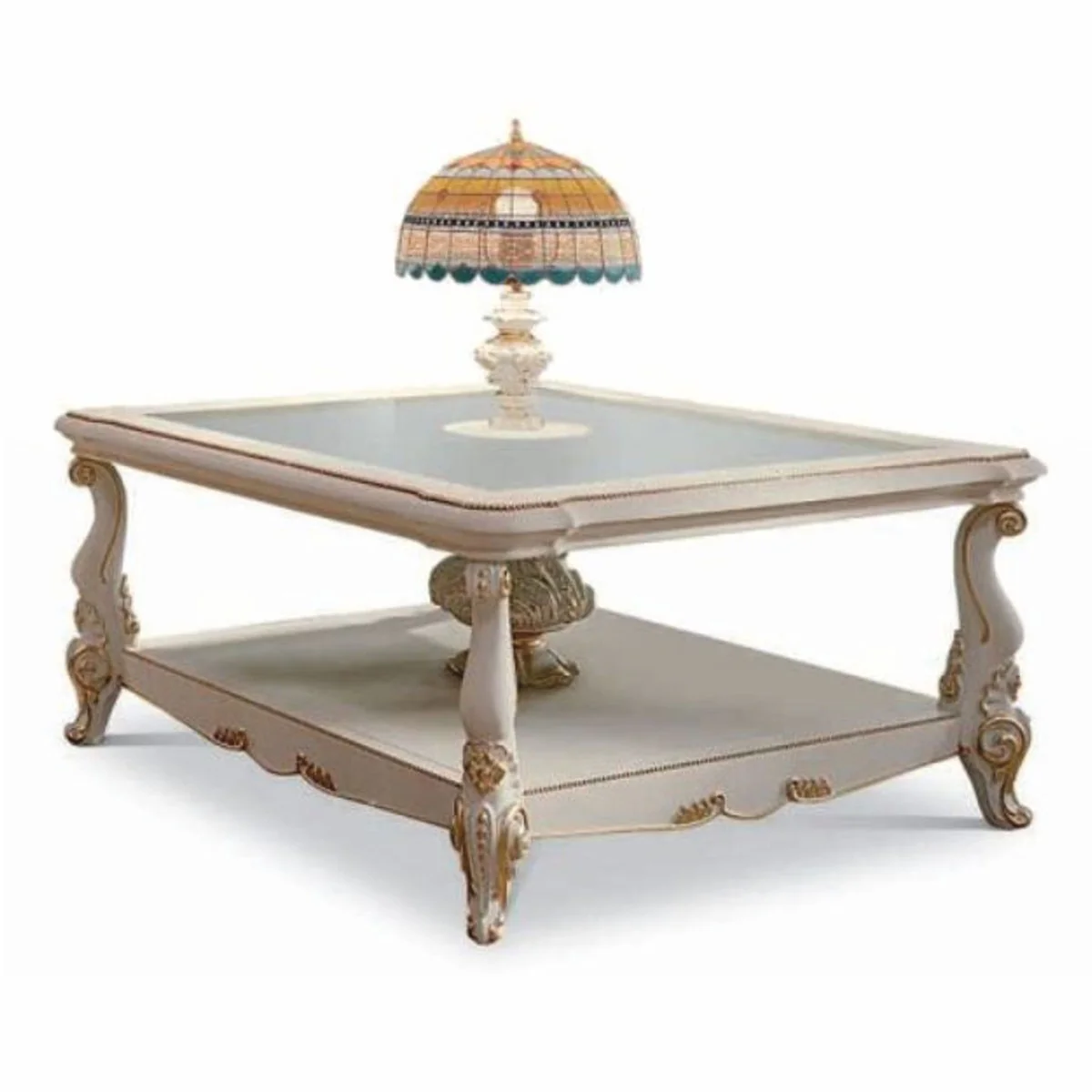 Luxury baroque coffee table with Tiffany table lamp white / gold 110 cm - Made in Italy