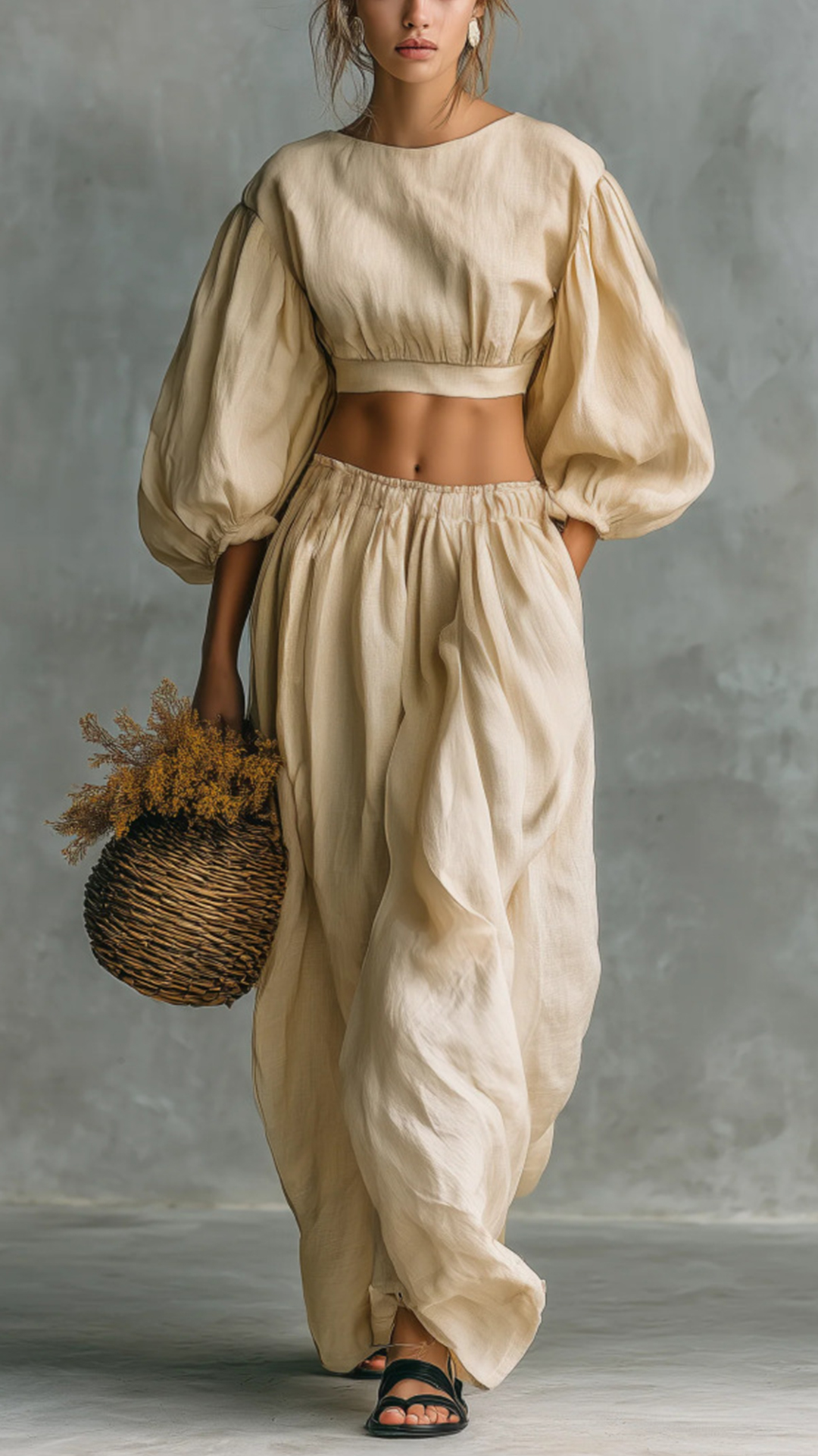 Women's Puff-Sleeve, Waist-Cinching, Wide-Leg Two-Piece Set - Nordfashionstorm - Women's Clothing, Fashion for You - Nordfashionstorm.com