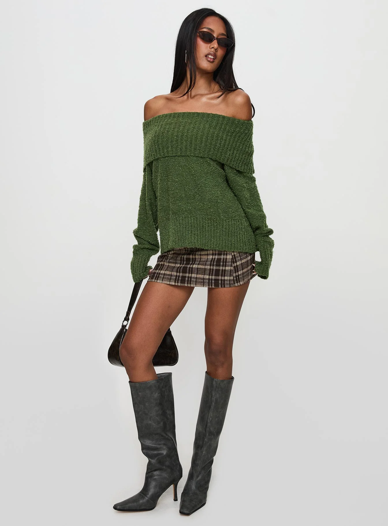 Parkley Boucle Off The Shoulder Sweater Olive