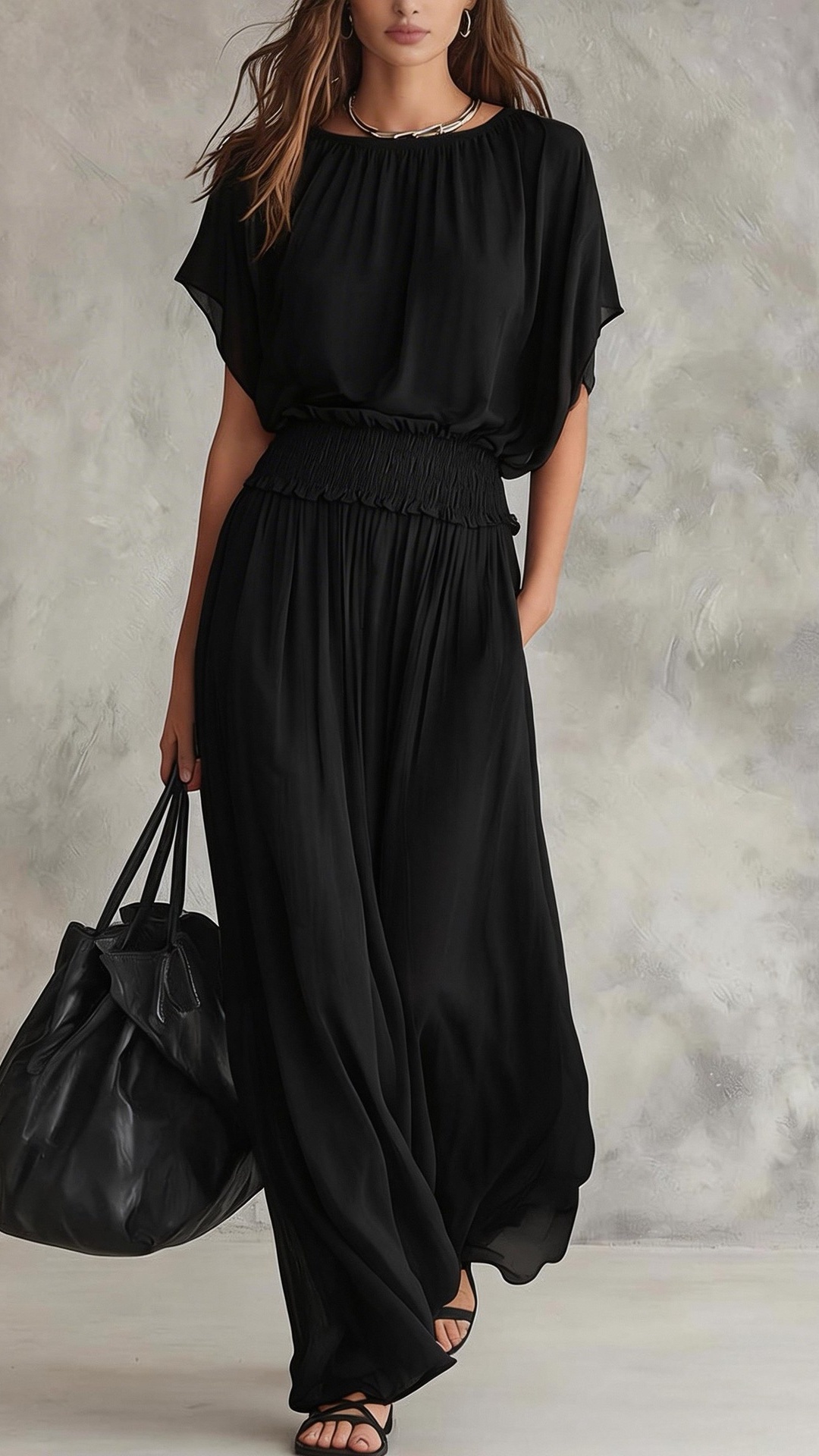 Women's Chiffon Long Dress with Shirred Waist - Nordfashionstorm - Women's Clothing, Fashion for You - Nordfashionstorm.com