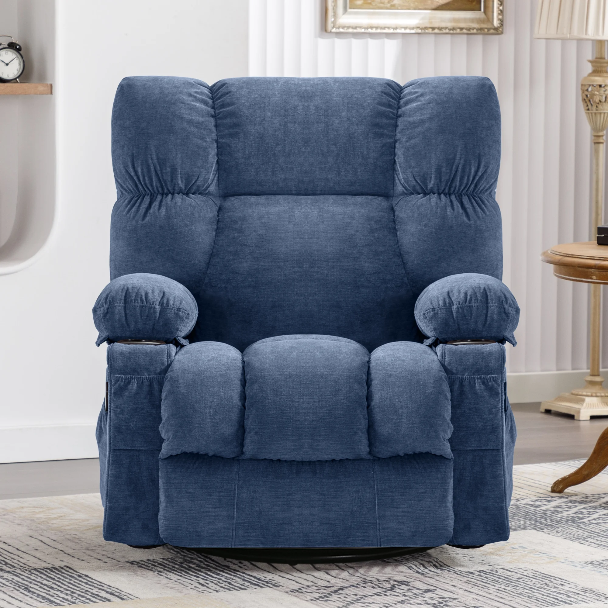 JONPONY Manual Recliner Chair with Heat Therapy and Massage Function, Heavy Duty Reclining Mechanism Massage Chair, Elderly Single Rocker Sofa with Cup Holders for Bedroom Home Theater, Grey