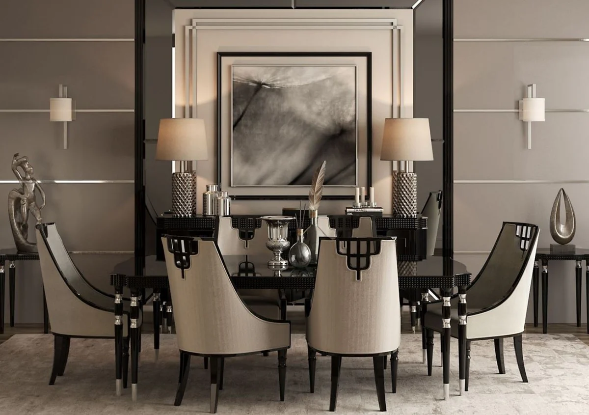 Luxury Art Deco Dining Room Set Gray / Black / Silver - 1 Art Deco Dining Table & 6 Art Deco Dining Room Chairs - Art Deco Dining Room Furniture - Luxury Quality