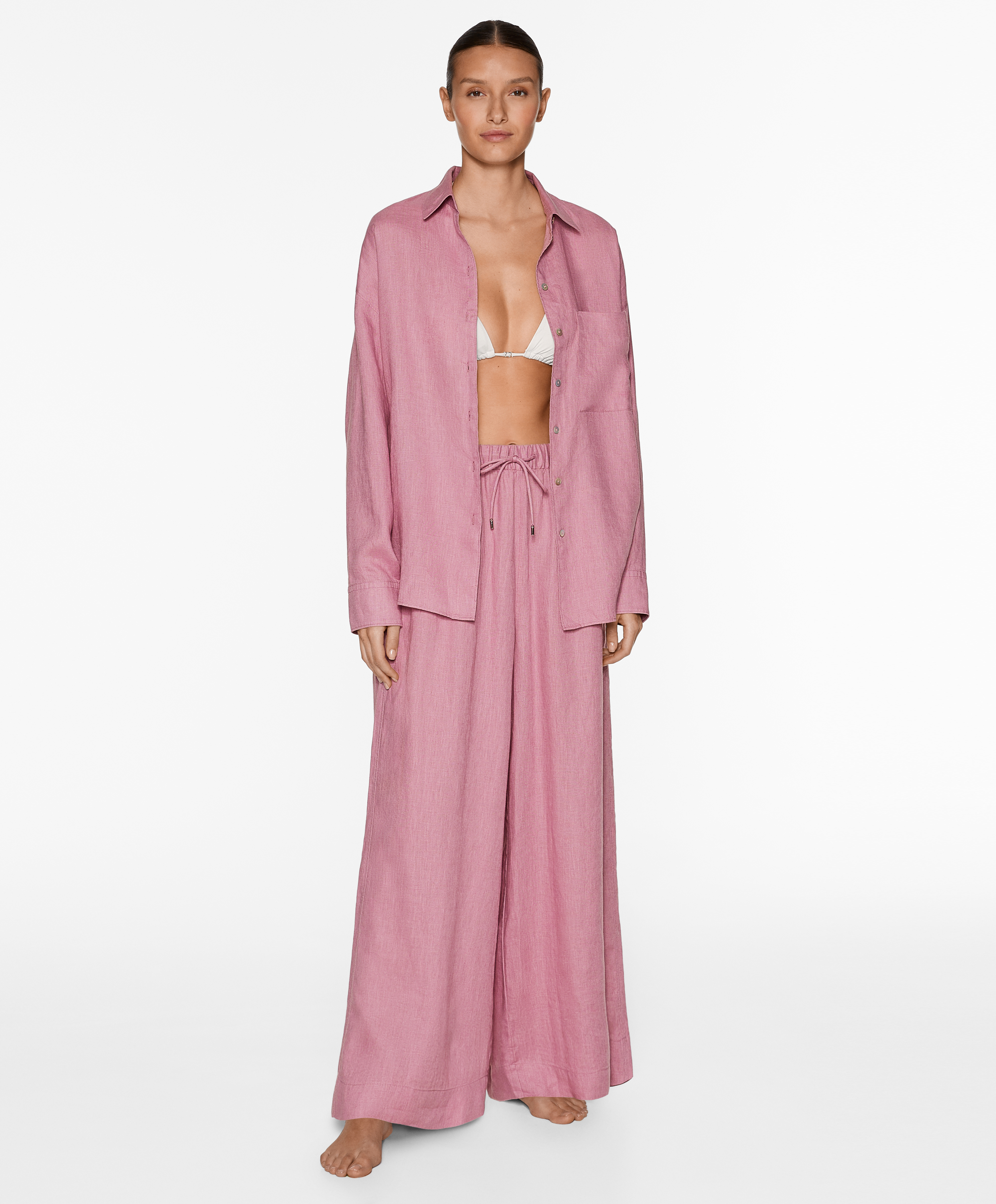 OYSHO 100% linen wide straight-leg trousers