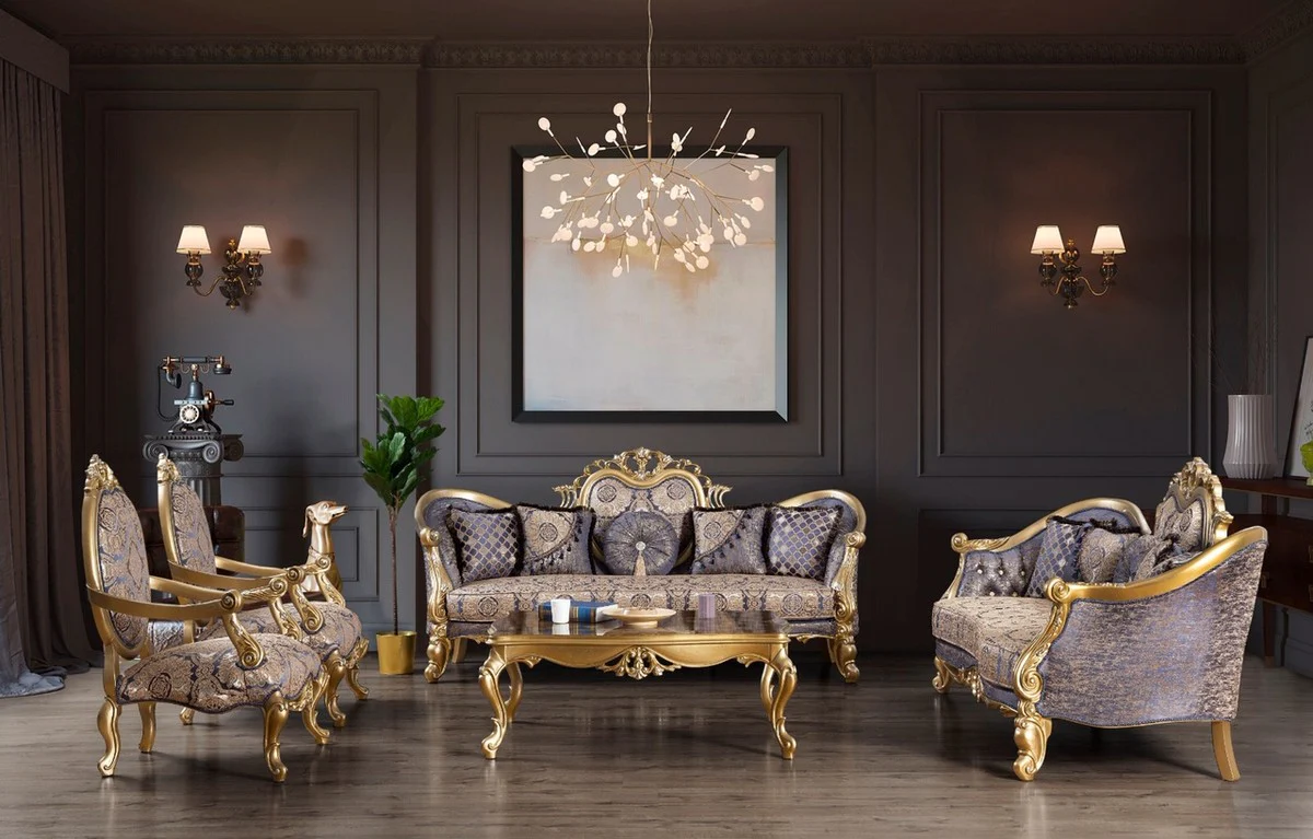 Luxury Baroque Living Room Set Blue / Gold / Silver - 2 Sofas & 2 Armchairs & 1 Coffee Table - Living Room Furniture - Noble & Magnificent