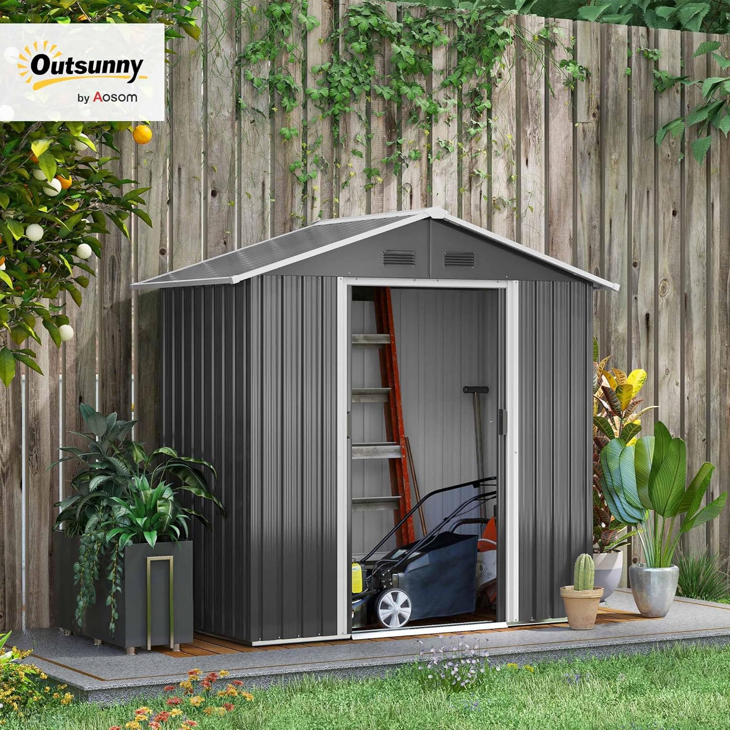 Outsunny Casetta da Giardino 1.8m² in Lamiera d'Acciaio con Doppia Porta Scorrevole e Sistema di Blocco, Capanno Attrezzi da Giardino con 4 Prese d'Aria, Grigio Scuro