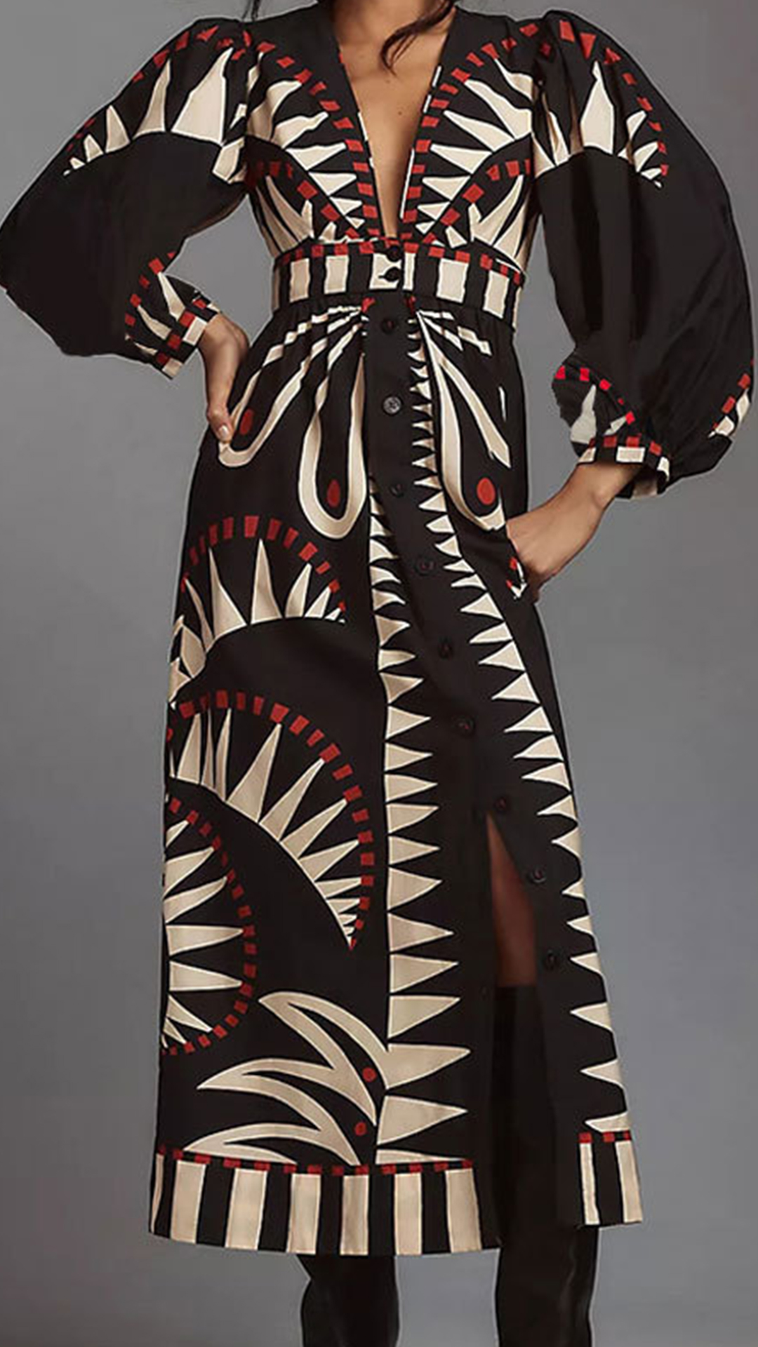 Women's Cotton‑blend Black‑base Geometric‑print V‑neck Puff‑sleeve Waist‑cinched Slit Midi Dress - Nordfashionstorm - Women's Clothing, Fashion for You - Nordfashionstorm.com