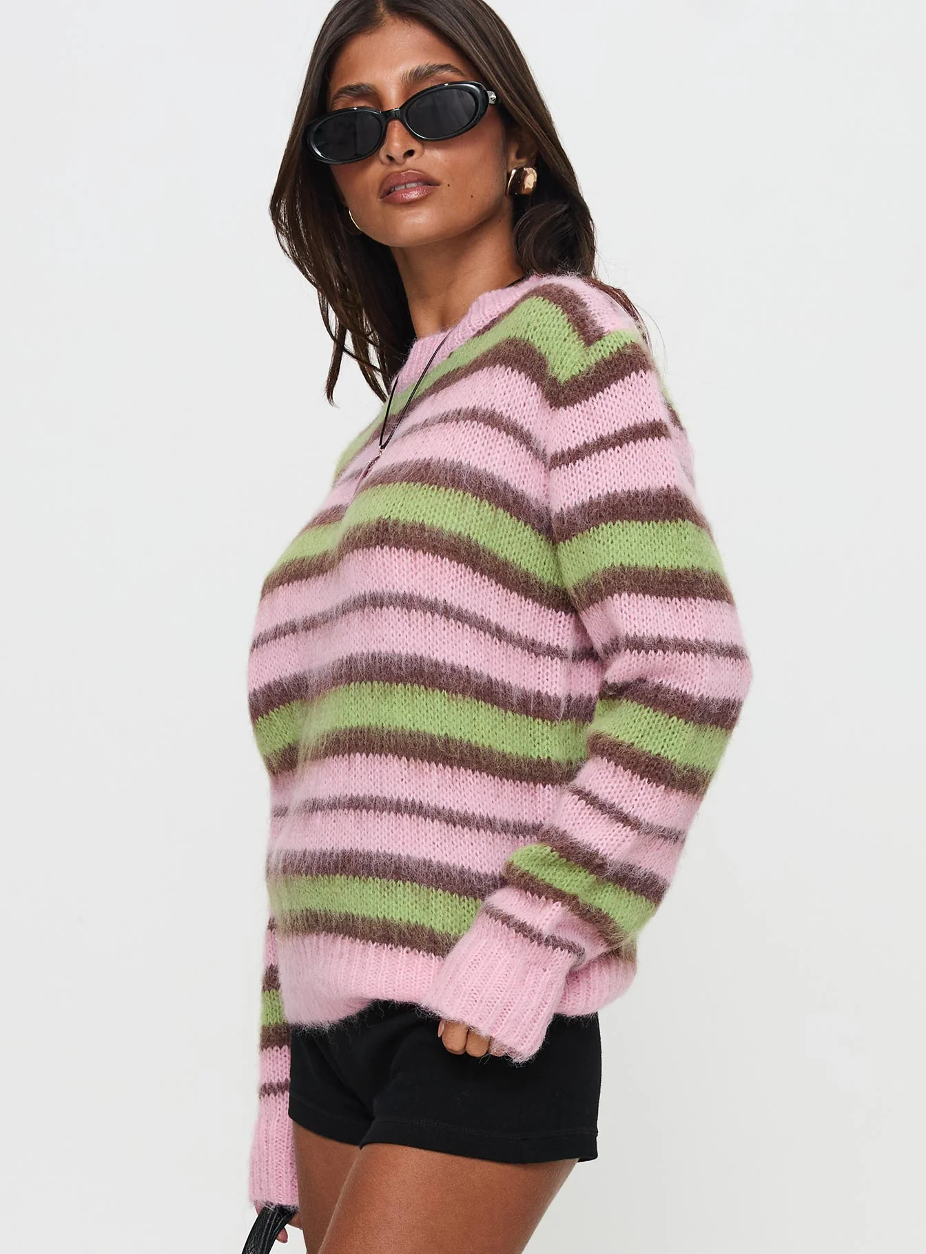 Maysie Crew Neck Knit Sweater Green / Pink