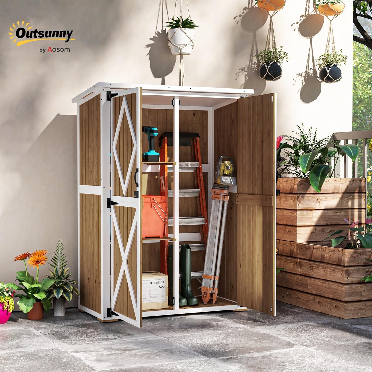 Outsunny Casetta da Giardino 0.55 m² con 2 Ripiani, 2 Porte con Serratura e Piedi Regolabili, Casetta Attrezzi Giardino in Legno di Abete e Tetto in Bitume, 116.5x57x159/167 cm, Marrone e Bianco