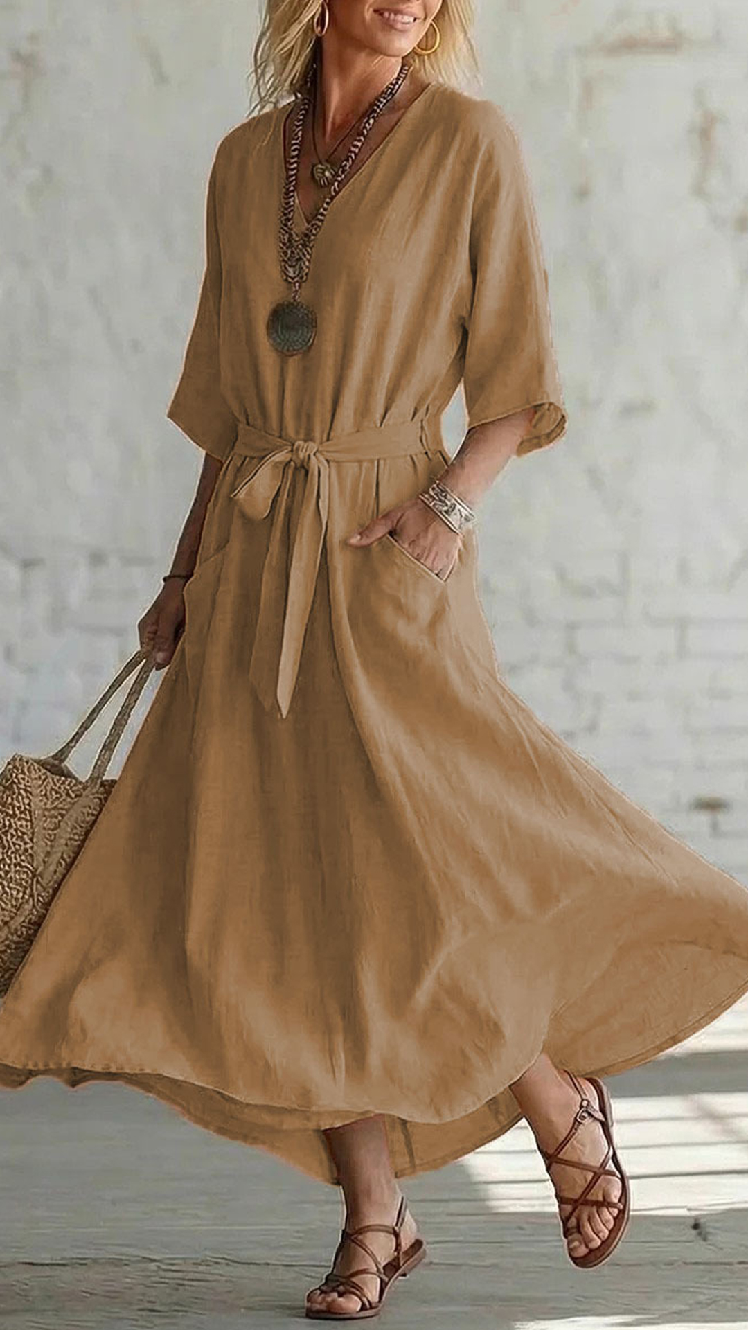 Women's Cotton-Blend V-Neck Waisted Midi Dress - Nordfashionstorm - Women's Clothing, Fashion for You - Nordfashionstorm.com
